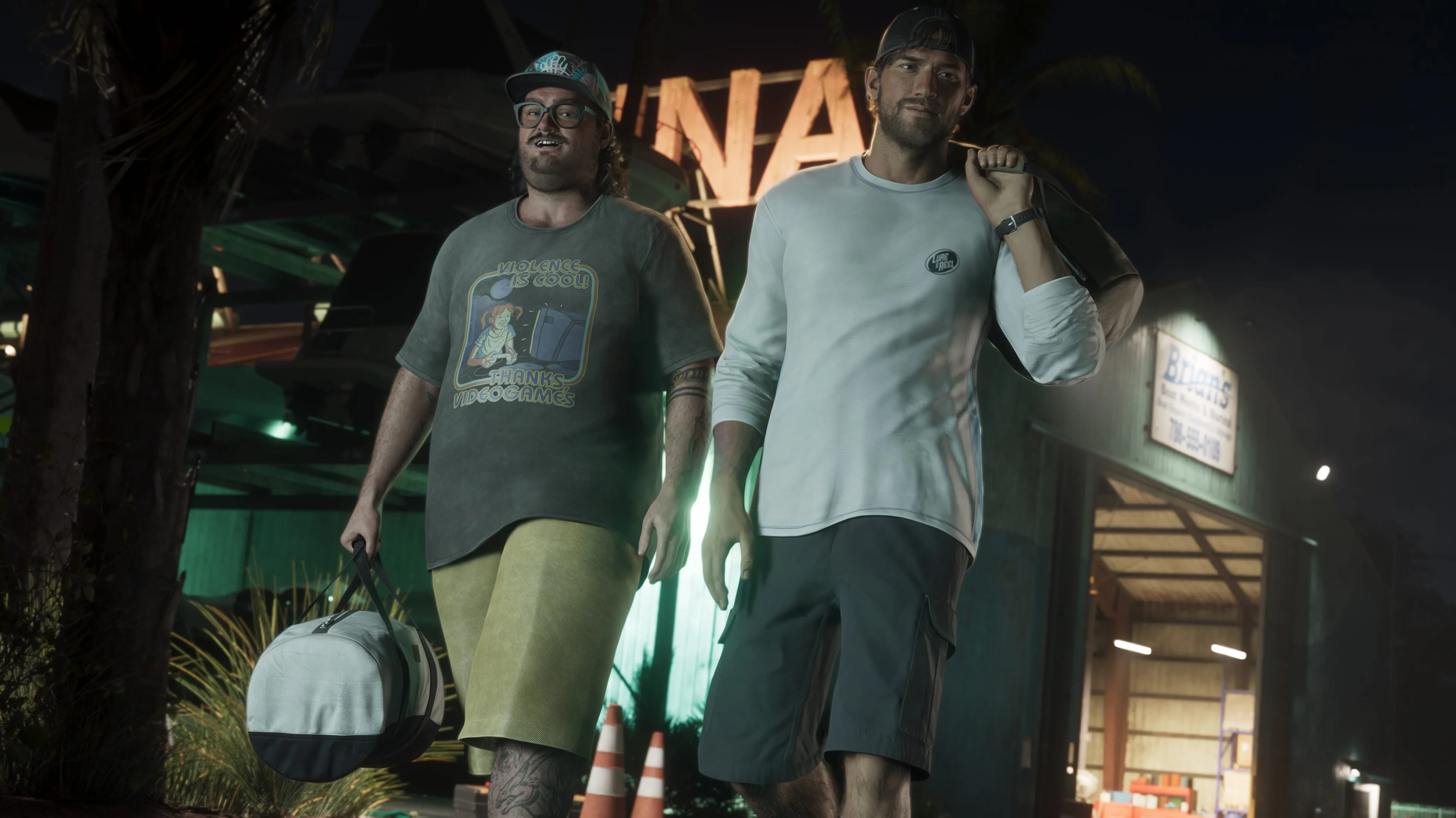 Two GTA 6 characters walking at night in Vice City — professional GTA 6 coaching service for PS5 and Xbox